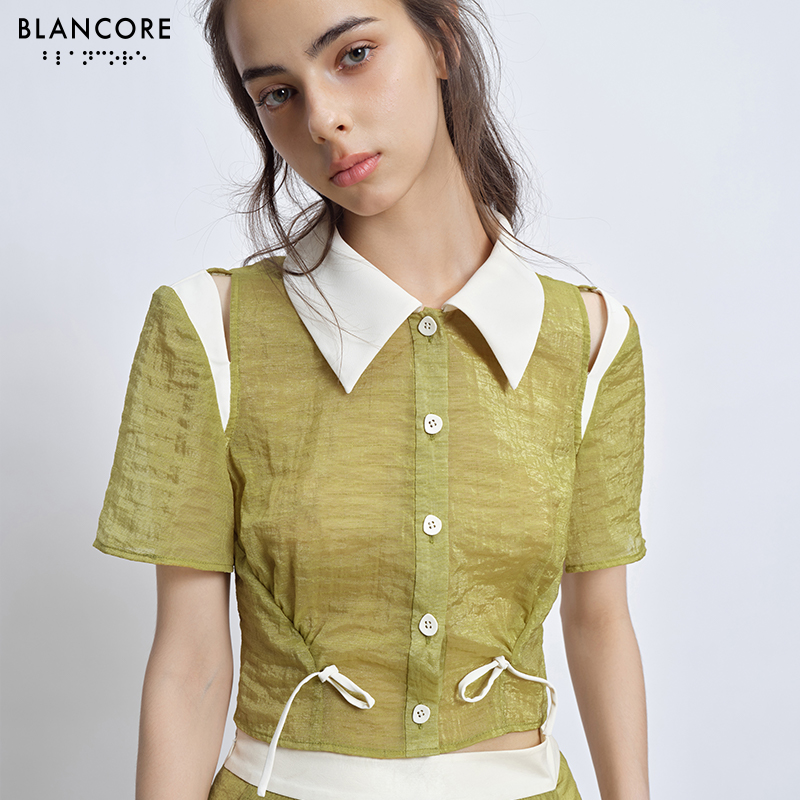 color block mesh layered shirt with drawstring