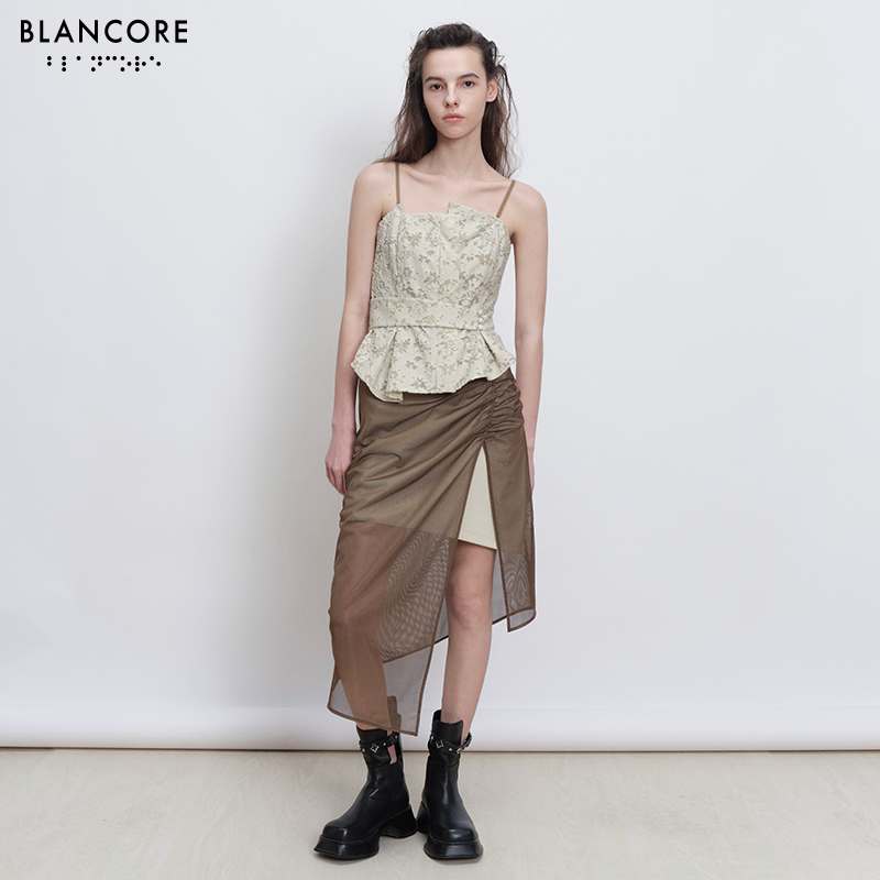 " Colorblock pleated mesh skirt"