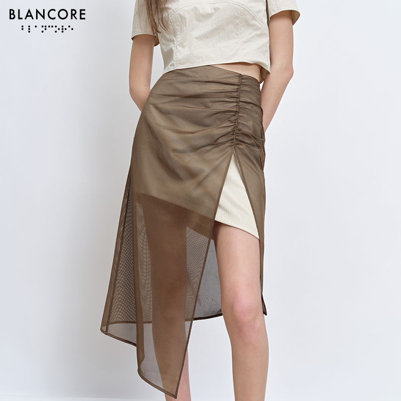 " Colorblock pleated mesh skirt"