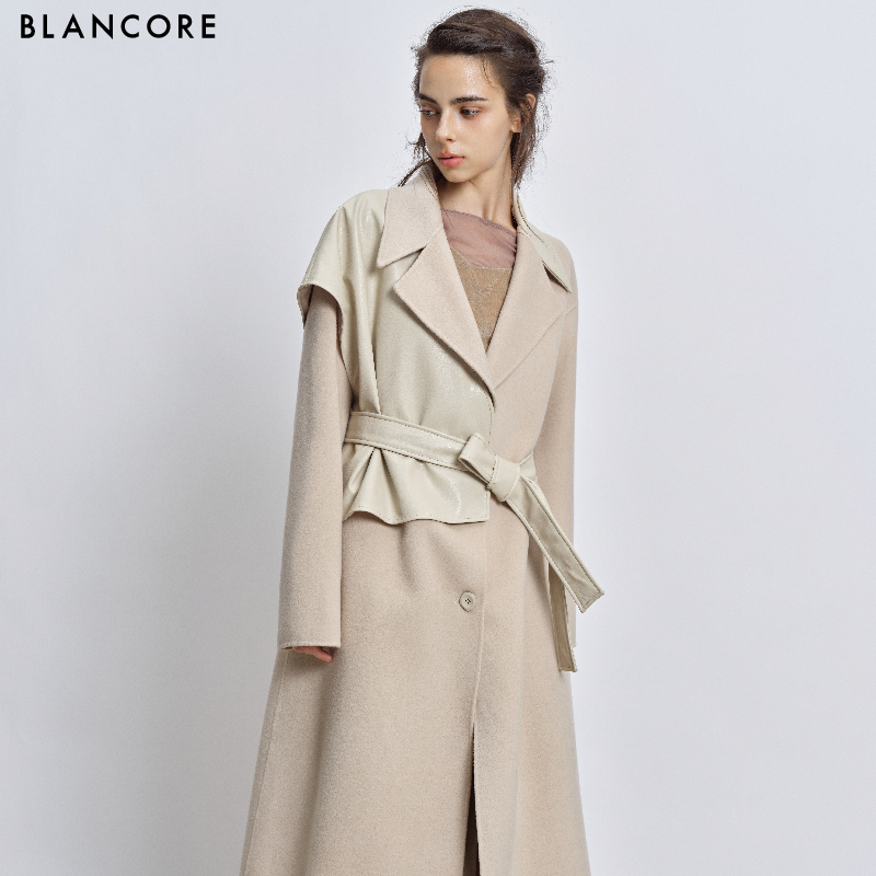 faux leather paneled coat with belt