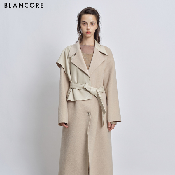 faux leather paneled coat with belt