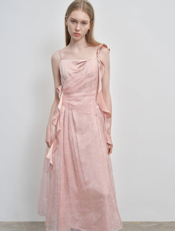 mesh paneled asymmetrical pleated dress