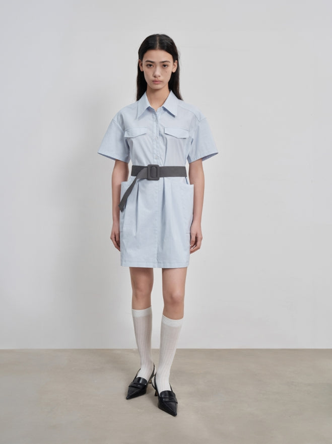 Loose-fit pleated cargo shirt dress