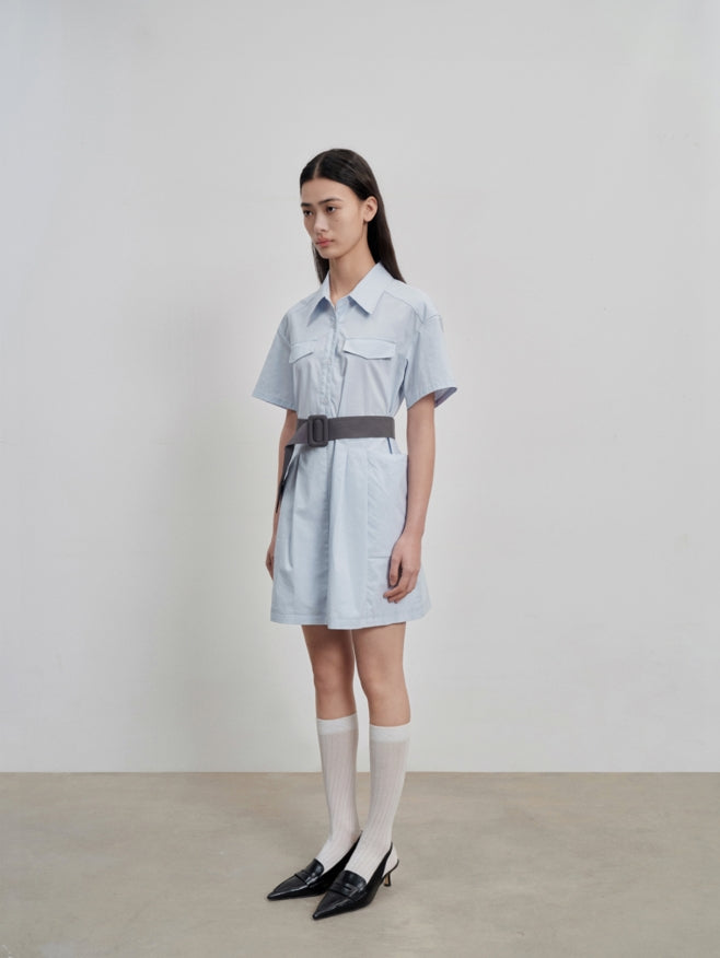 Loose-fit pleated cargo shirt dress