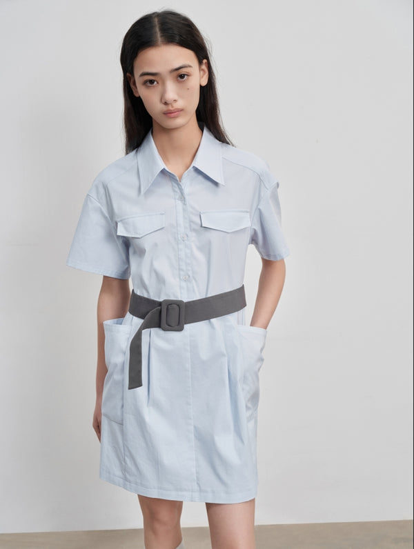 Loose-fit pleated cargo shirt dress